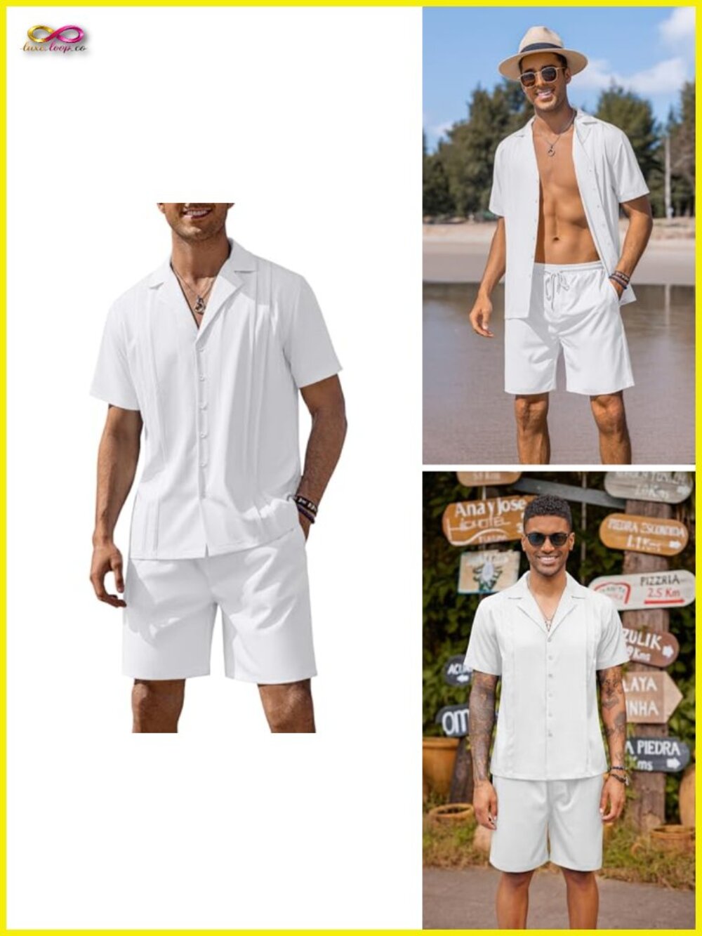 Men's 2 Piece Guayabera Short Set Button Down Shirt & Matching Shorts Summer